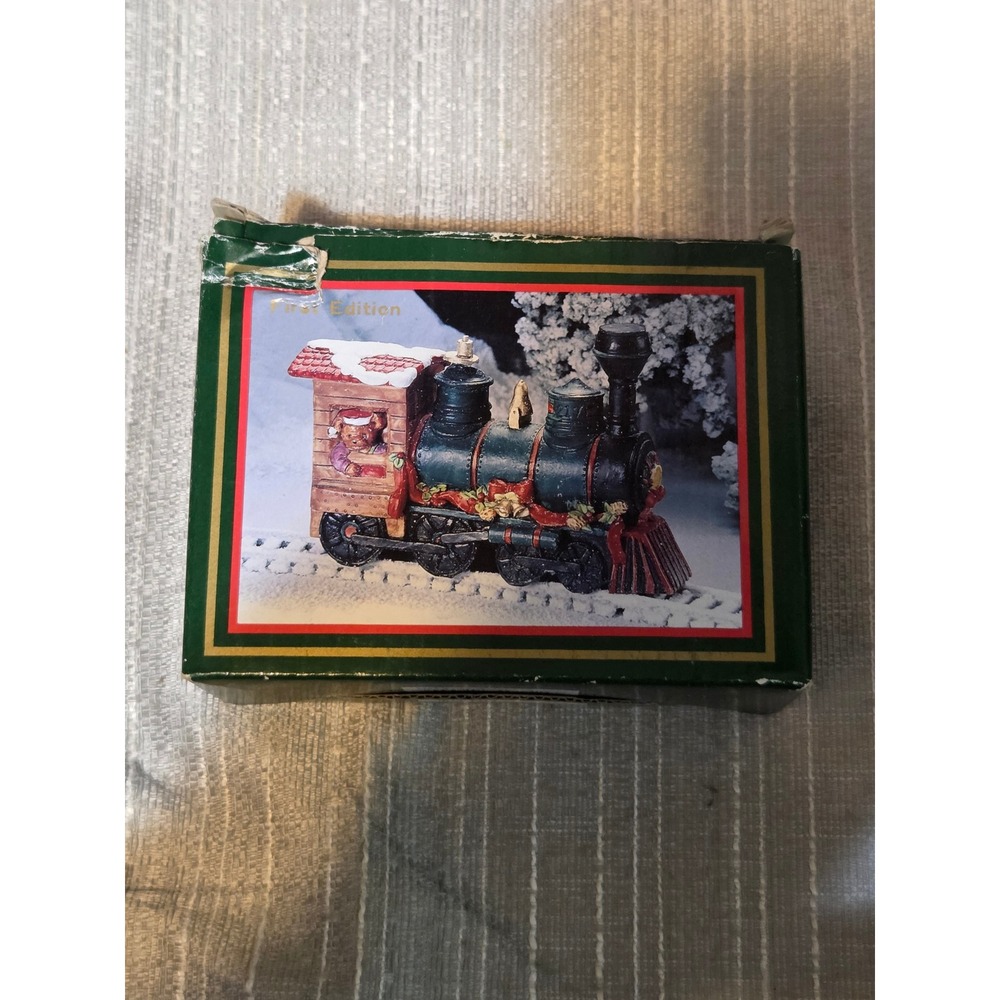 Vintage First Edition Christmas Train Engine Teddy Bear Figurine with Box